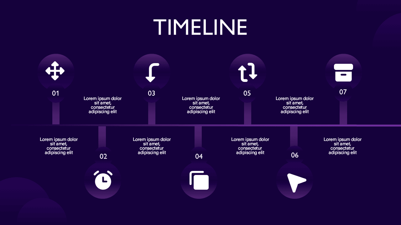 Dark Purple PowerPoint Template timeline slide with seven numbered steps, purple circular icons, and connecting vertical