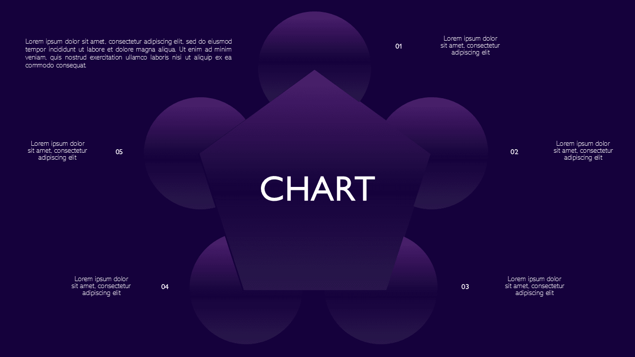 Dark Purple PowerPoint Template with circular chart diagram and five numbered sections on deep purple background