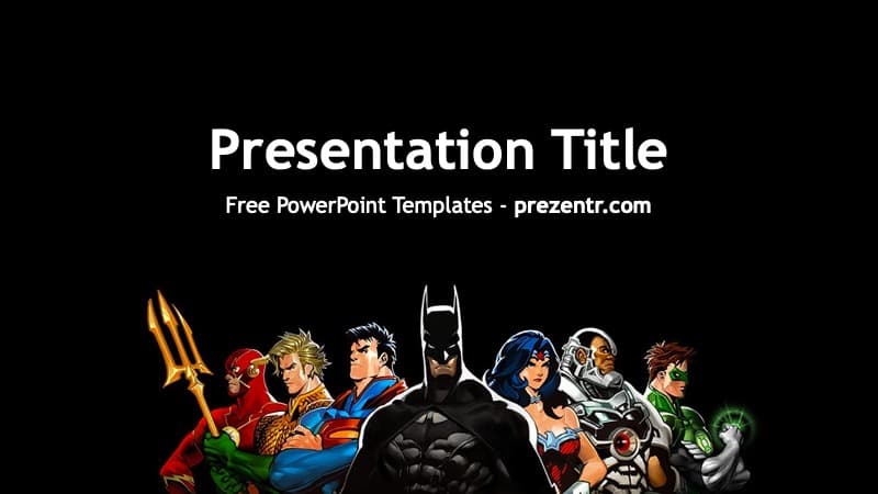 DC PowerPoint Template cover slide featuring iconic superheroes on black background with gold and blue accents