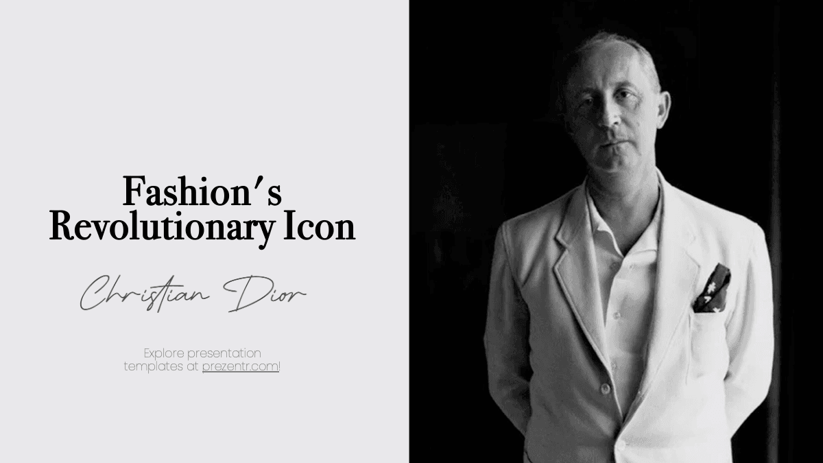Dior PowerPoint template slide featuring split layout: light left side with text, dark right side with black and white