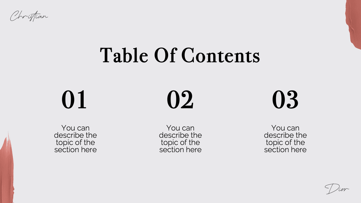 Table of Contents slide from Dior PowerPoint Template with three numbered sections on light background with red accents