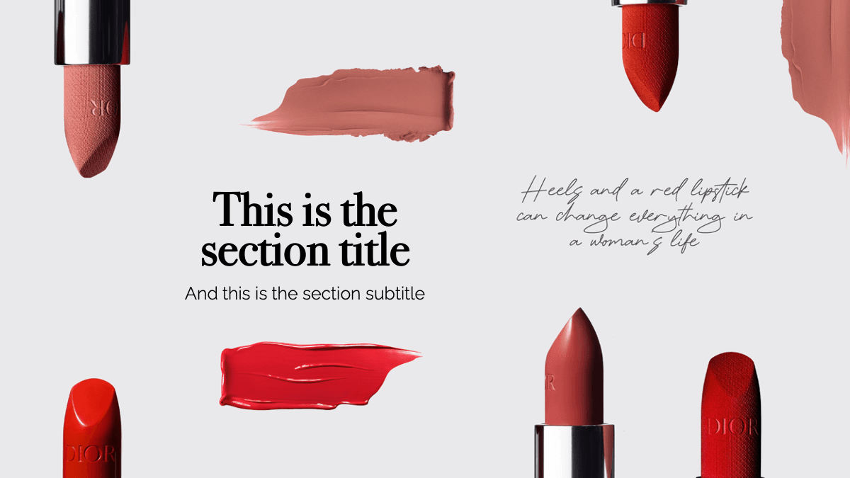 Dior PowerPoint template slide featuring red lipstick swatches and shades on light background with centered text