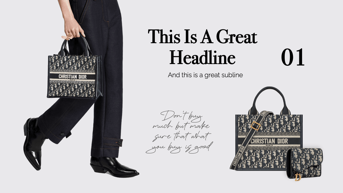 Dior PowerPoint template slide featuring luxury handbags and black clothing on gray background