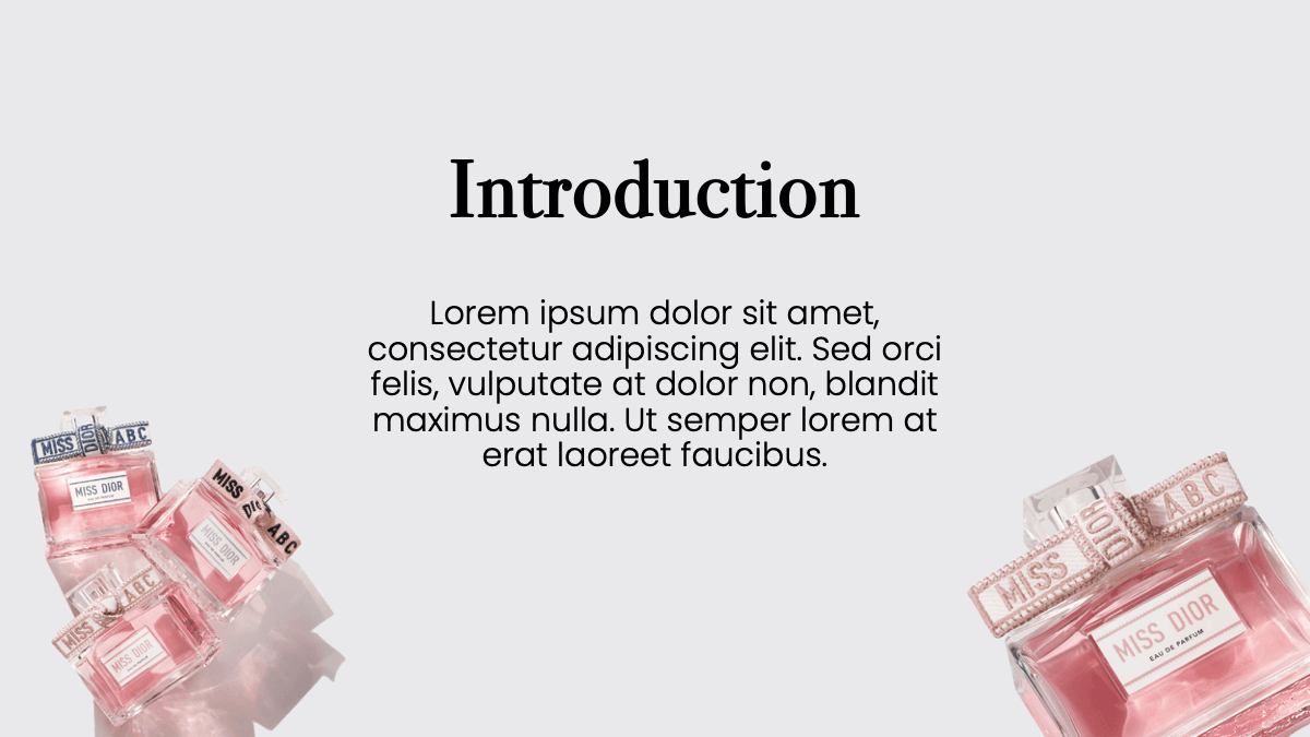 Dior PowerPoint template intro slide with pink perfume bottles, centered text, and minimalist layout