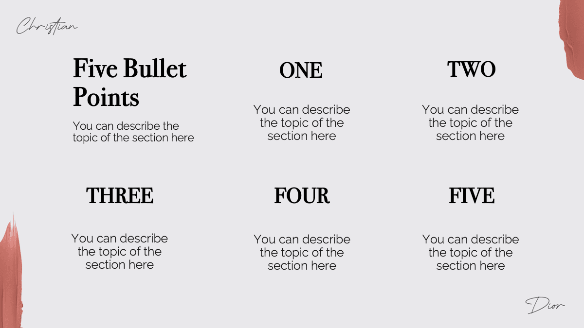 Dior PowerPoint template slide with five bullet points in elegant layout on gray background with red accents