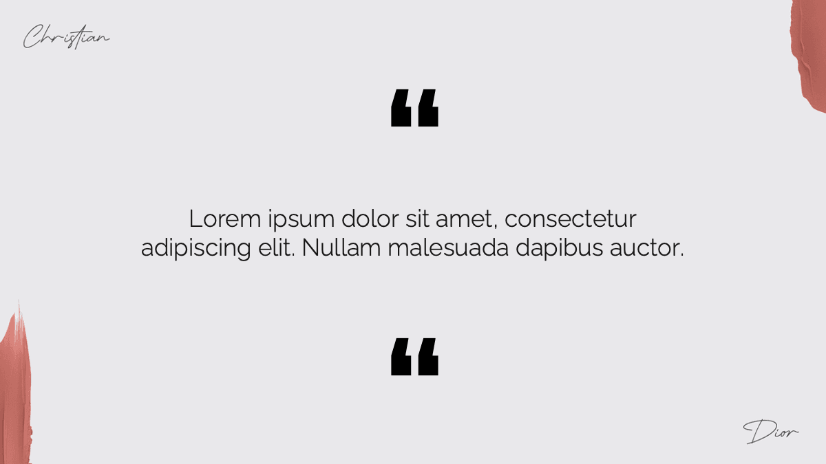Dior template slide with centered Lorem ipsum text between decorative quotation marks and coral accent elements