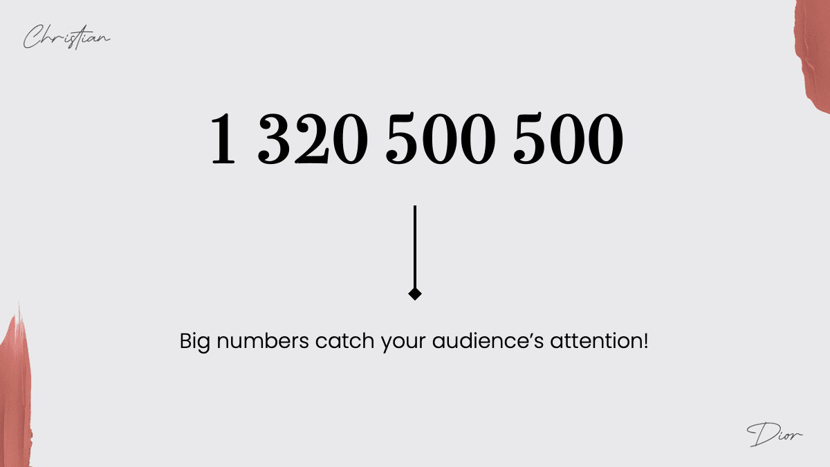 Dior template slide displaying large number "1 320 500 500" with text about attention-grabbing statistics, minimal beige