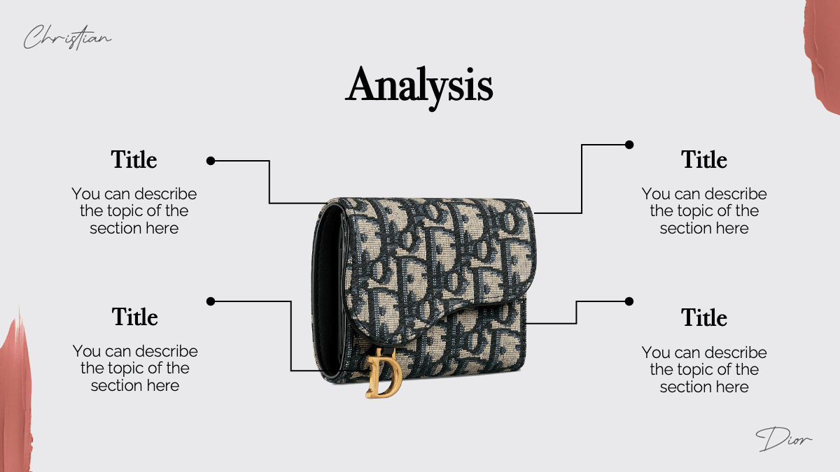 Dior PowerPoint template slide with luxury handbag and labeled analysis diagram in beige and black