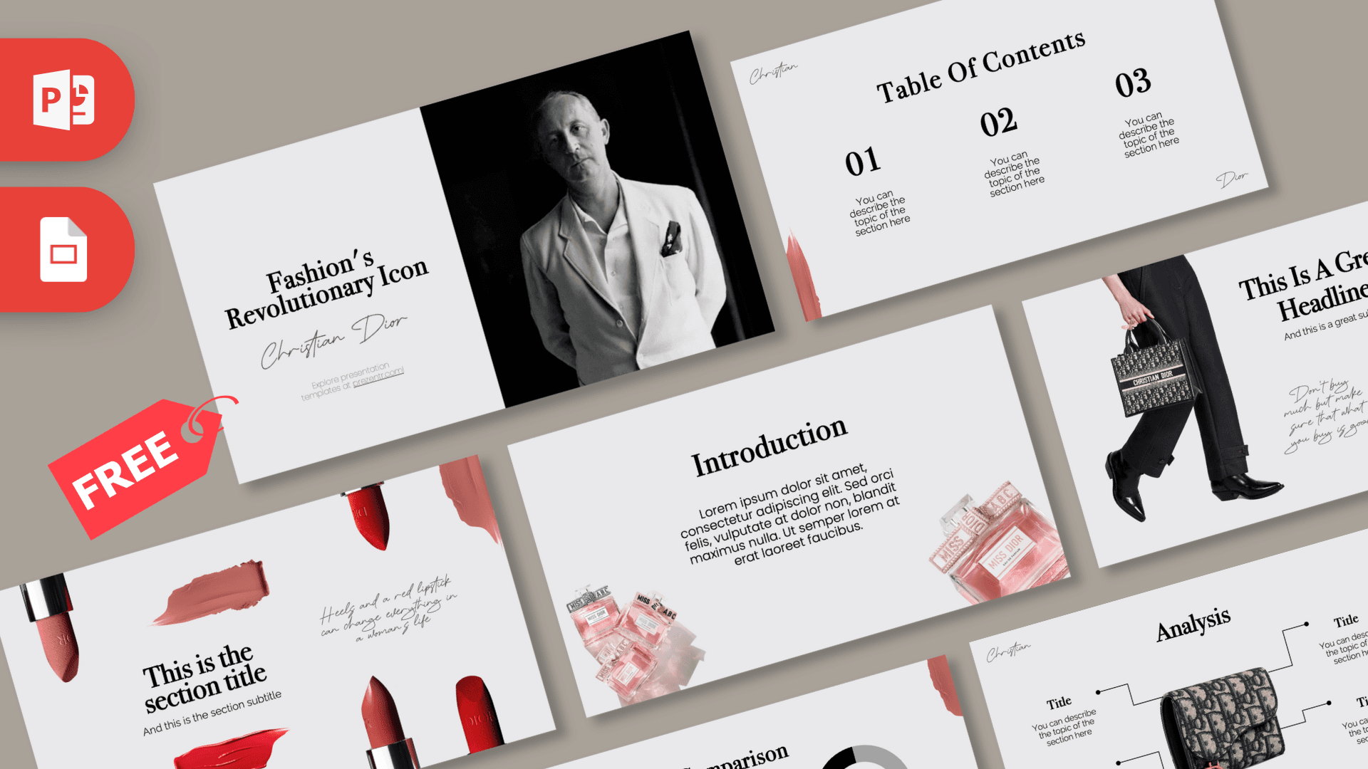 Dior PowerPoint template cover with black and white portrait, red accents, and elegant minimalist layout