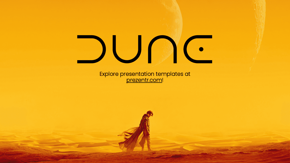 Dune PowerPoint template slide featuring desert landscape with figure in flowing robes against golden yellow sky