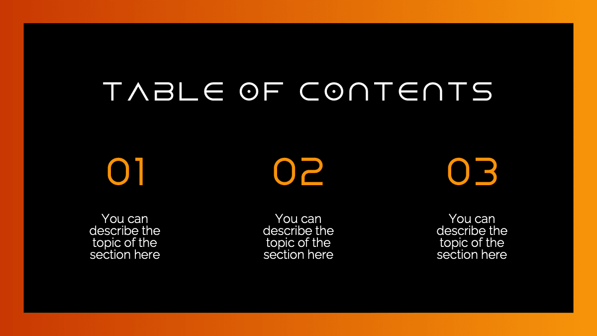 Dune PowerPoint Template table of contents slide with orange numbering on black background