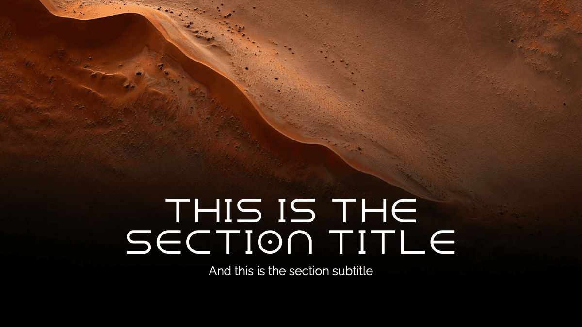 Dune PowerPoint Template slide with section title text overlaid on desert sand dune landscape in warm brown tones
