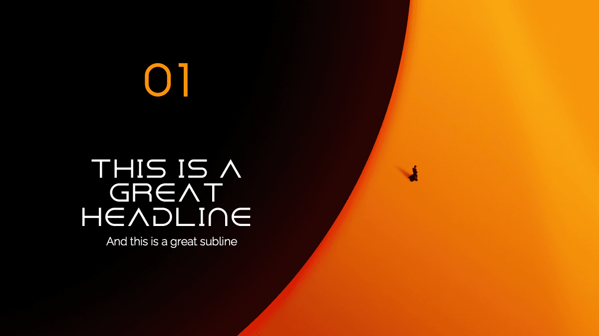 Dune template slide with orange gradient and curved design, featuring "01" section number and headline text on dark
