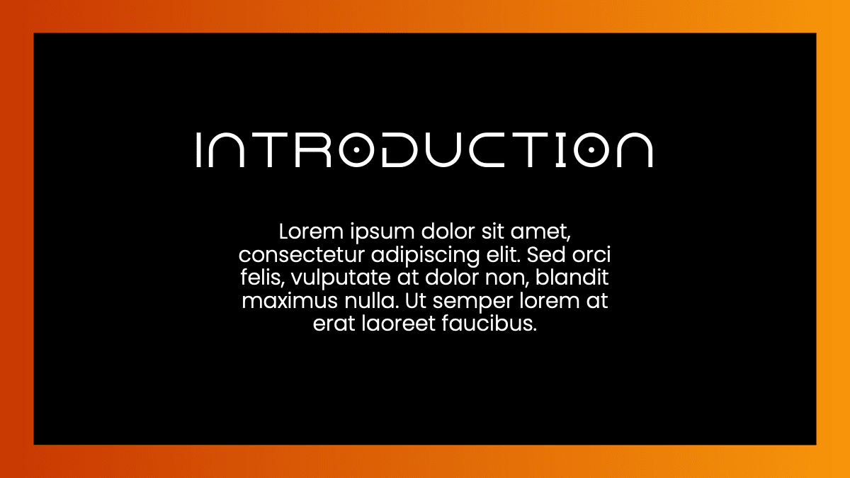 Dune PowerPoint template introduction slide with orange border, black background, white title and Lorem ipsum text