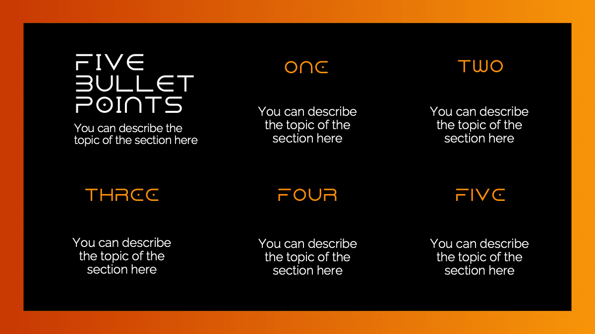 Dune template slide with five bullet points layout, black background, orange accents and headings