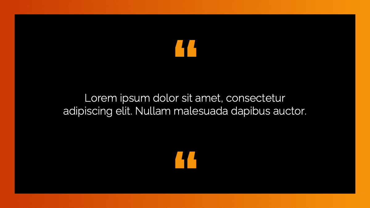 Orange and black Dune PowerPoint Template slide with centered quotation marks and Lorem ipsum text on dark background