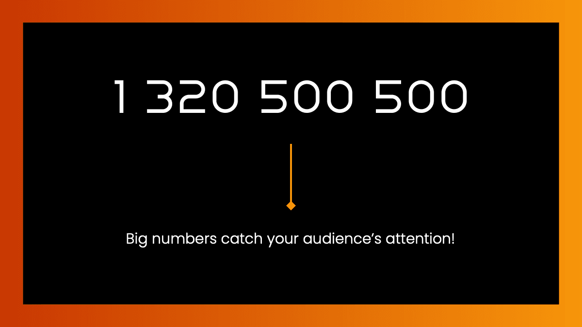 Dune PowerPoint template slide with large number display 1320500500, orange and black color scheme, attention-grabbing design