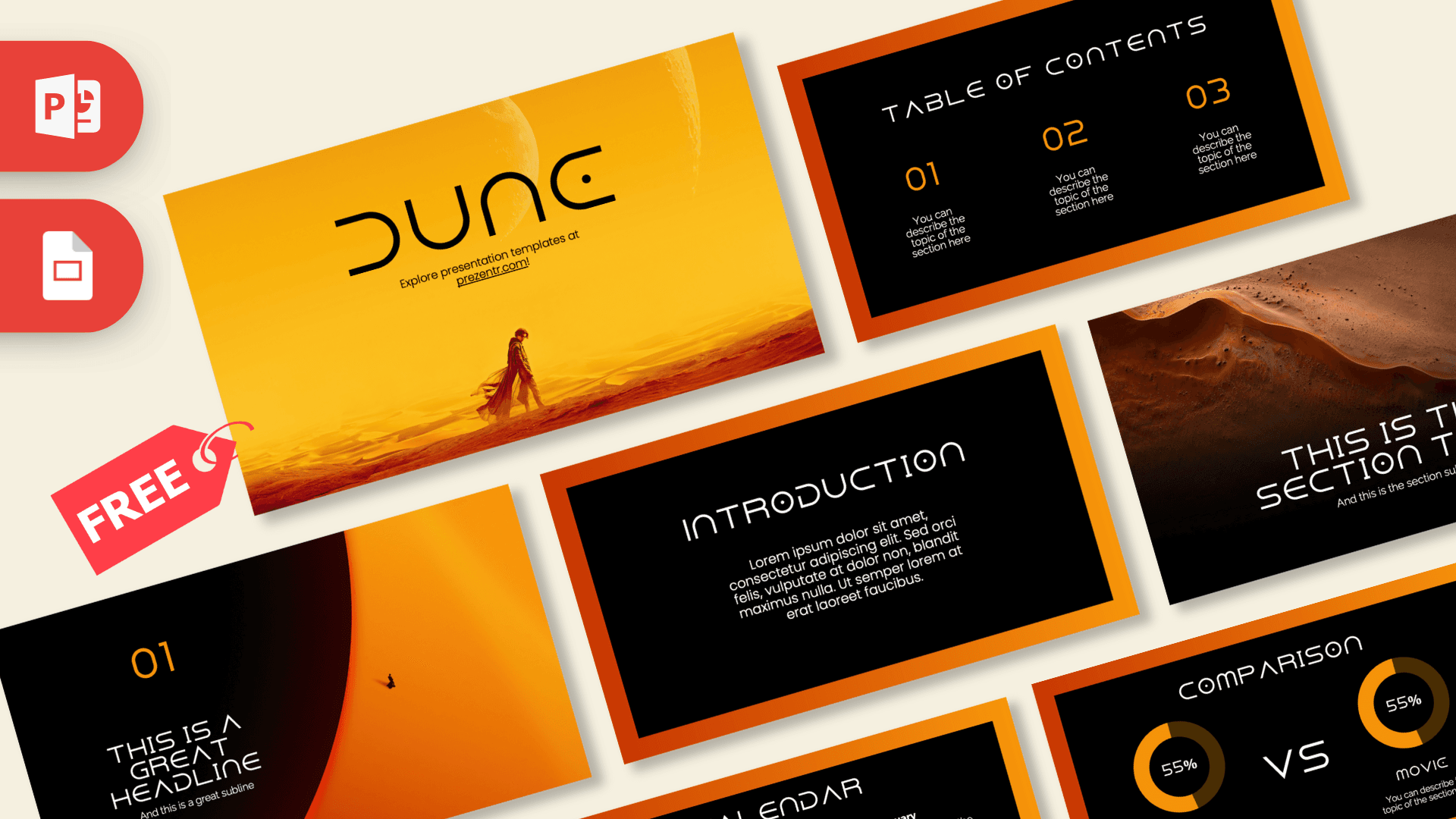 Dune PowerPoint template cover slide with orange and black design, desert imagery, and modern typography