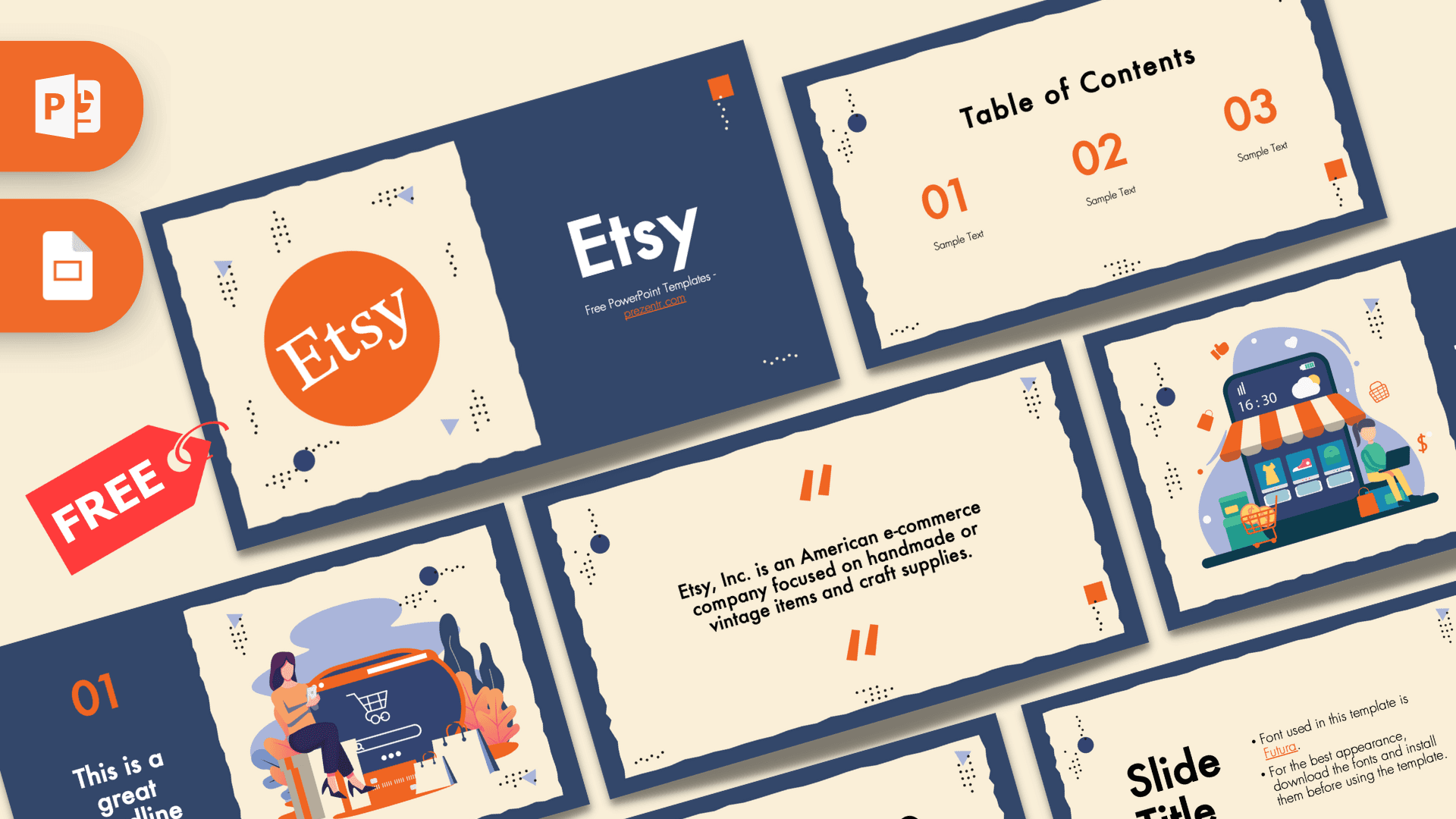 Etsy PowerPoint template cover slide with orange circle logo and navy blue design elements