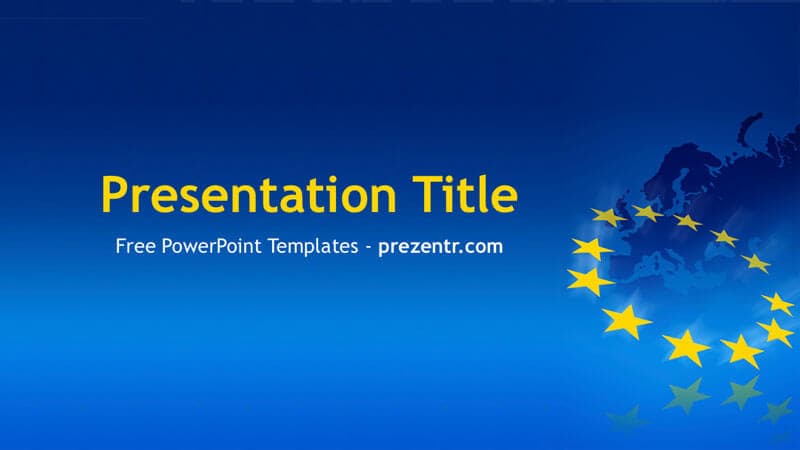 EU PowerPoint Template cover slide with blue background, yellow stars, and presentation title text