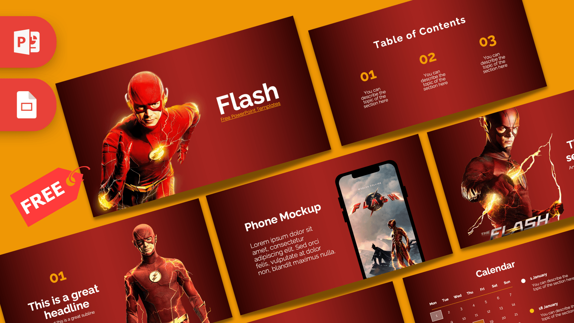 Flash PowerPoint Template cover slide featuring red superhero character on maroon and gold gradient background