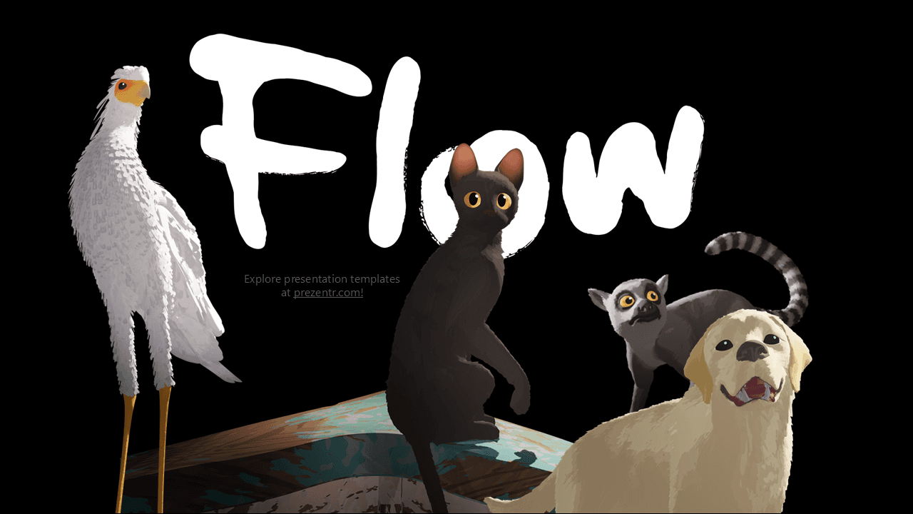 Flow template slide with animated animals on black background and large white typography