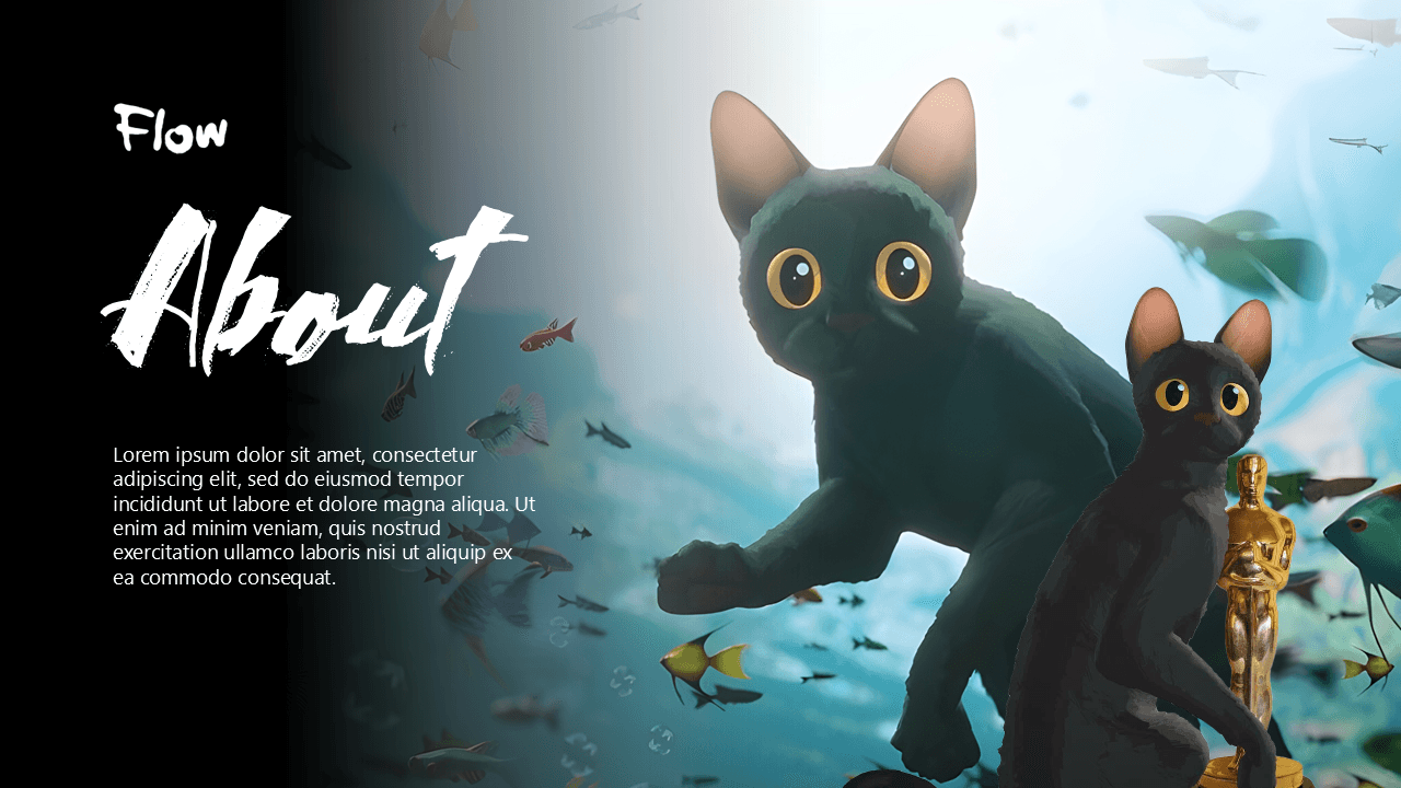Flow template slide: underwater scene with stylized black cats, golden accents, fish, and "About" section on dark left
