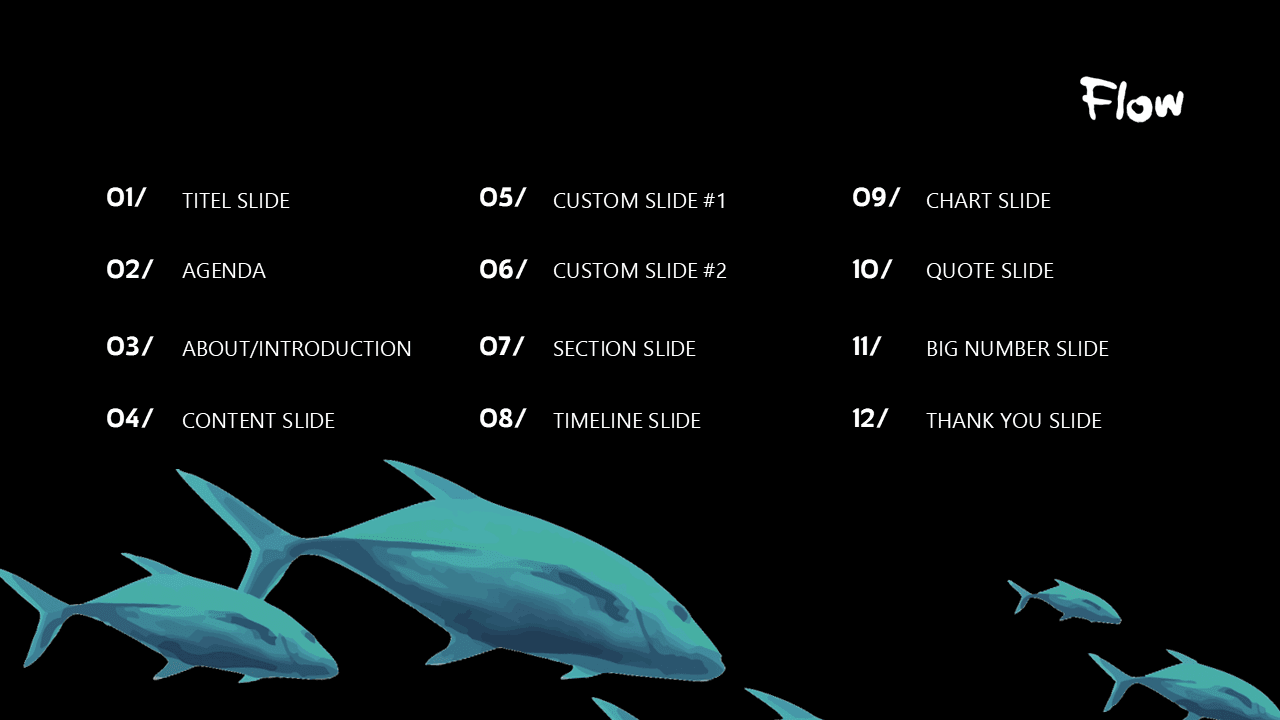 Flow PowerPoint template slide index with teal sharks on black background