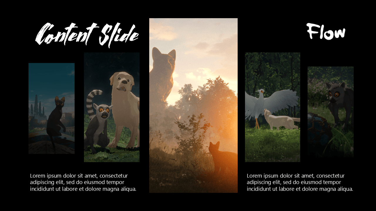 Flow PowerPoint template slide with animal imagery, dark layout, golden sunset tones, and text sections