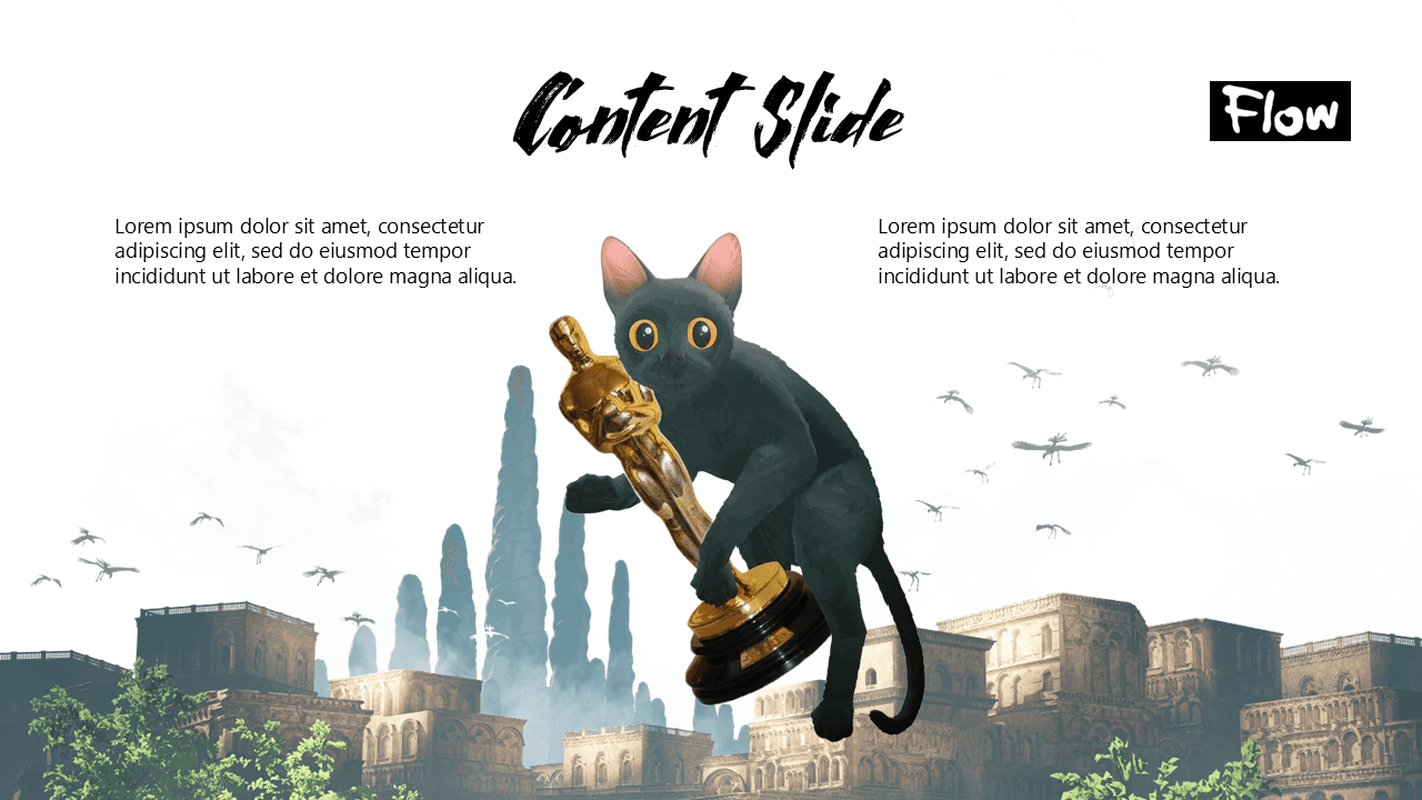 Flow template slide: Black cat holding Oscar award over fantasy cityscape with birds, Lorem ipsum text on sides