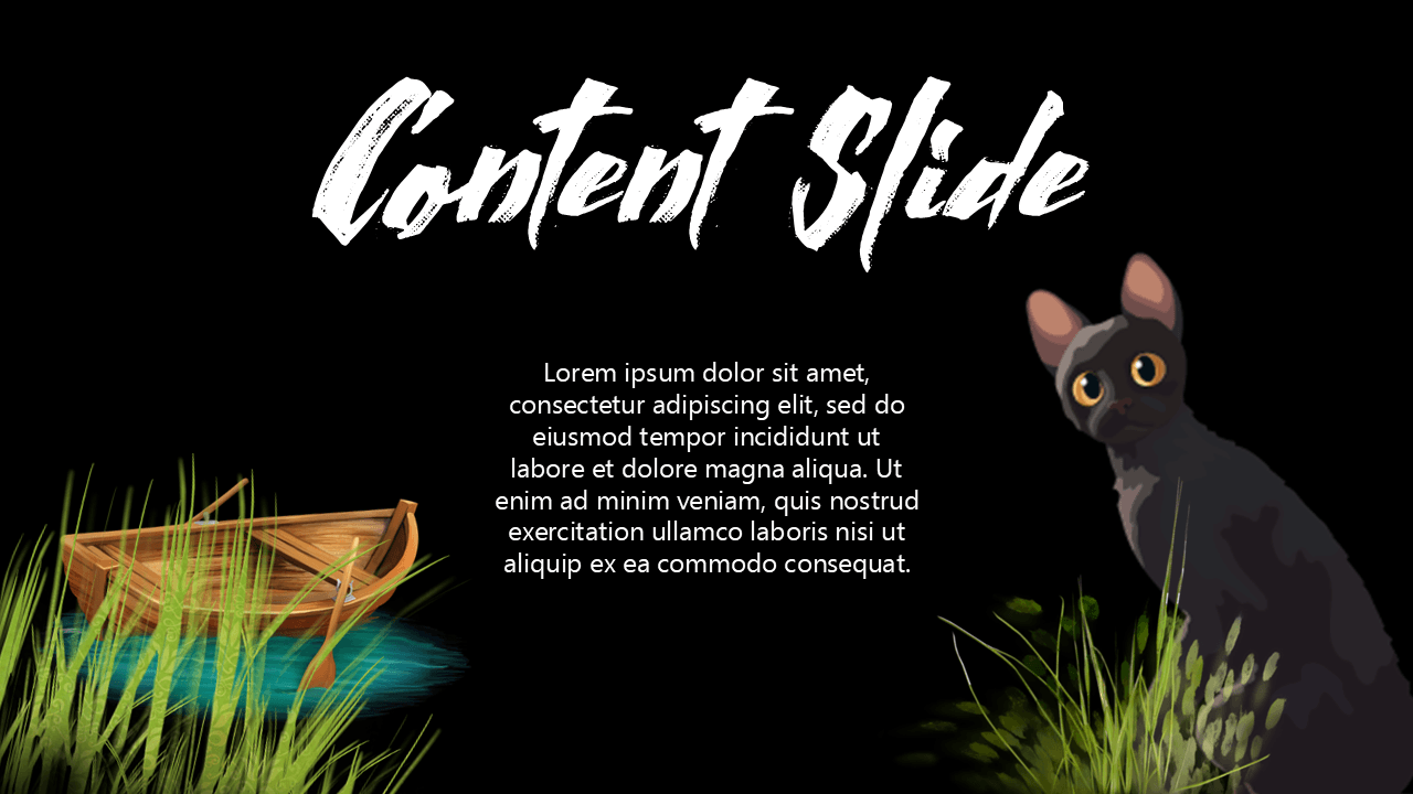 Flow movie template with black cat, boat, grass, and Lorem ipsum text on dark background