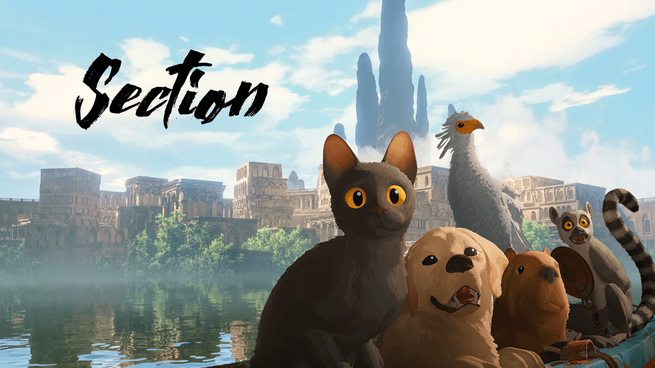 Flow movie template slide: "Section" title with animated animals by water and fantasy cityscape architecture