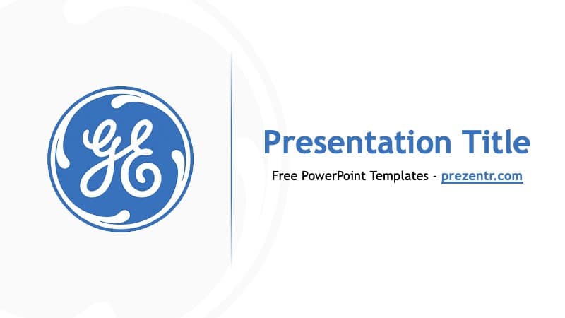 GE PowerPoint Template cover slide with blue circular logo, "Presentation Title" text, and clean corporate layout