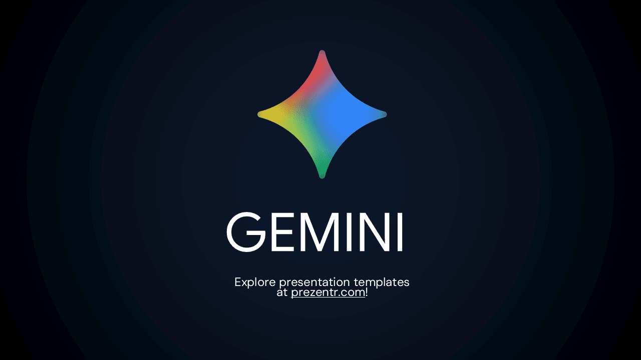 Dark navy slide with gradient Gemini star logo and bold “Gemini” title centered on screen.