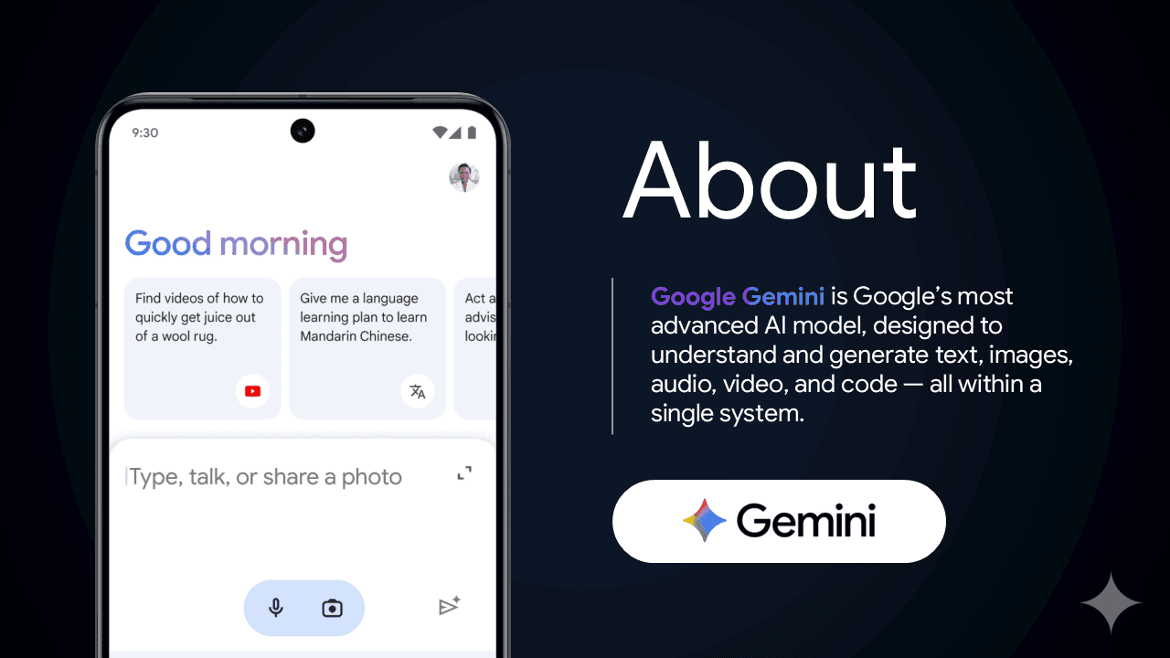 Gemini overview slide featuring smartphone mockup and description of AI capabilities.