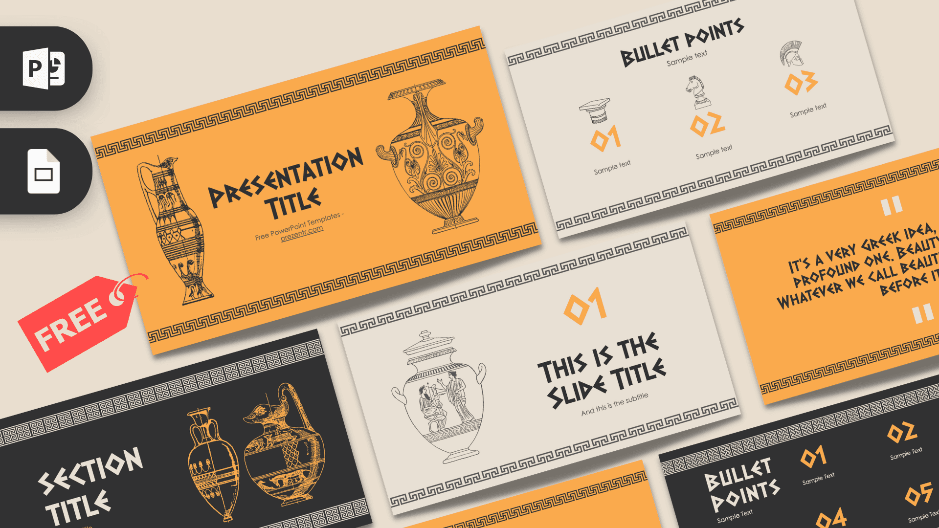 Greek PowerPoint Template cover slide with orange background, black Greek pottery illustrations, and geometric borders