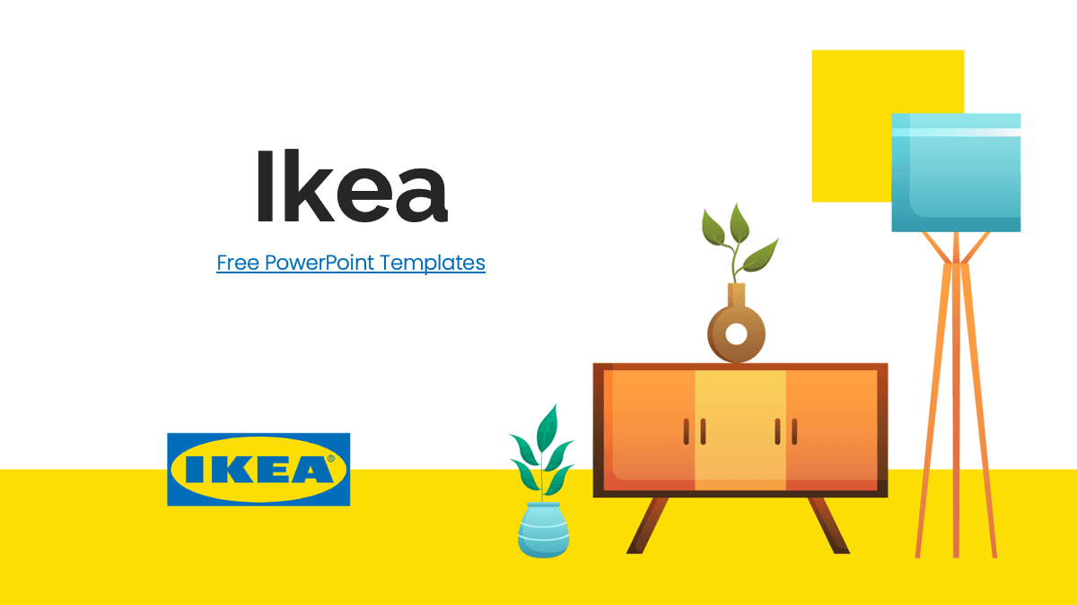 Ikea PowerPoint template slide featuring minimalist furniture design with yellow background and retro mid-century decor