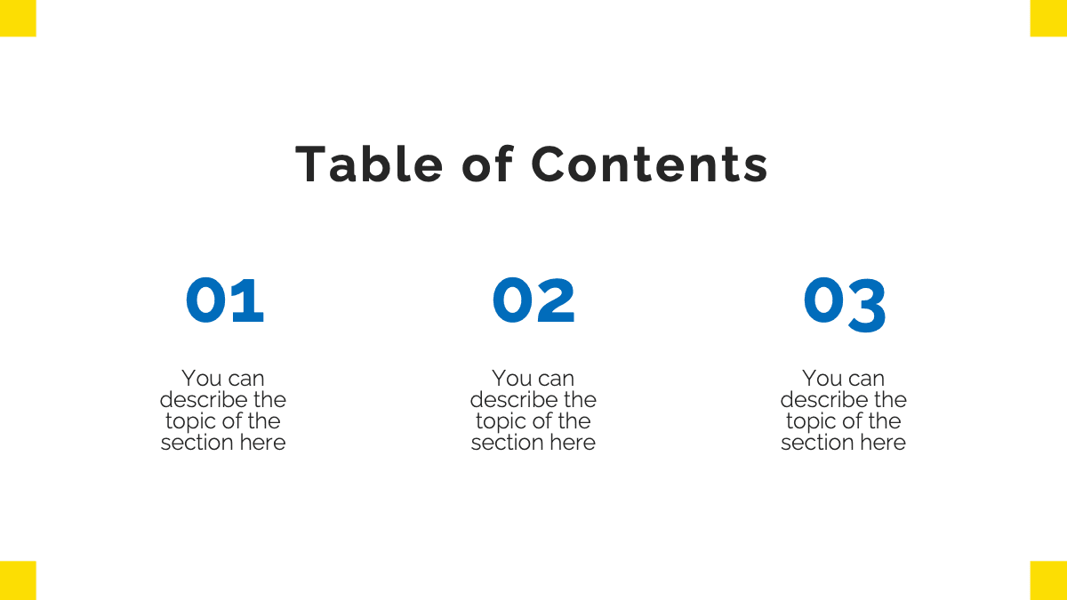 Ikea template slide with table of contents, three blue-numbered sections, yellow corner accents
