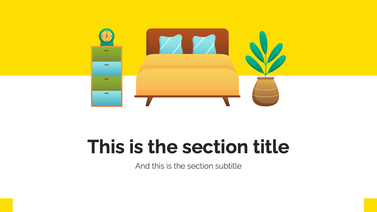 Ikea PowerPoint template slide with bedroom furniture illustration on yellow and white background