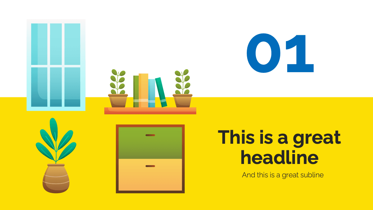 Ikea template slide with yellow background, blue window, potted plants, drawer unit, and "01" section number