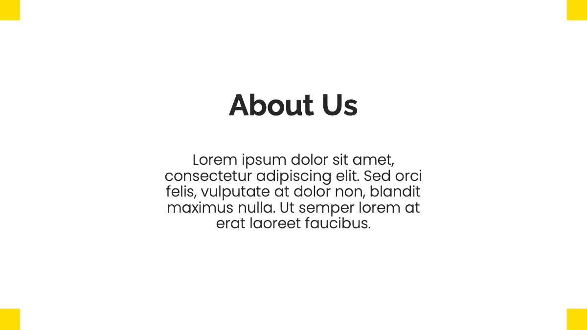 Ikea PowerPoint template "About Us" slide with centered black text and yellow corner accents