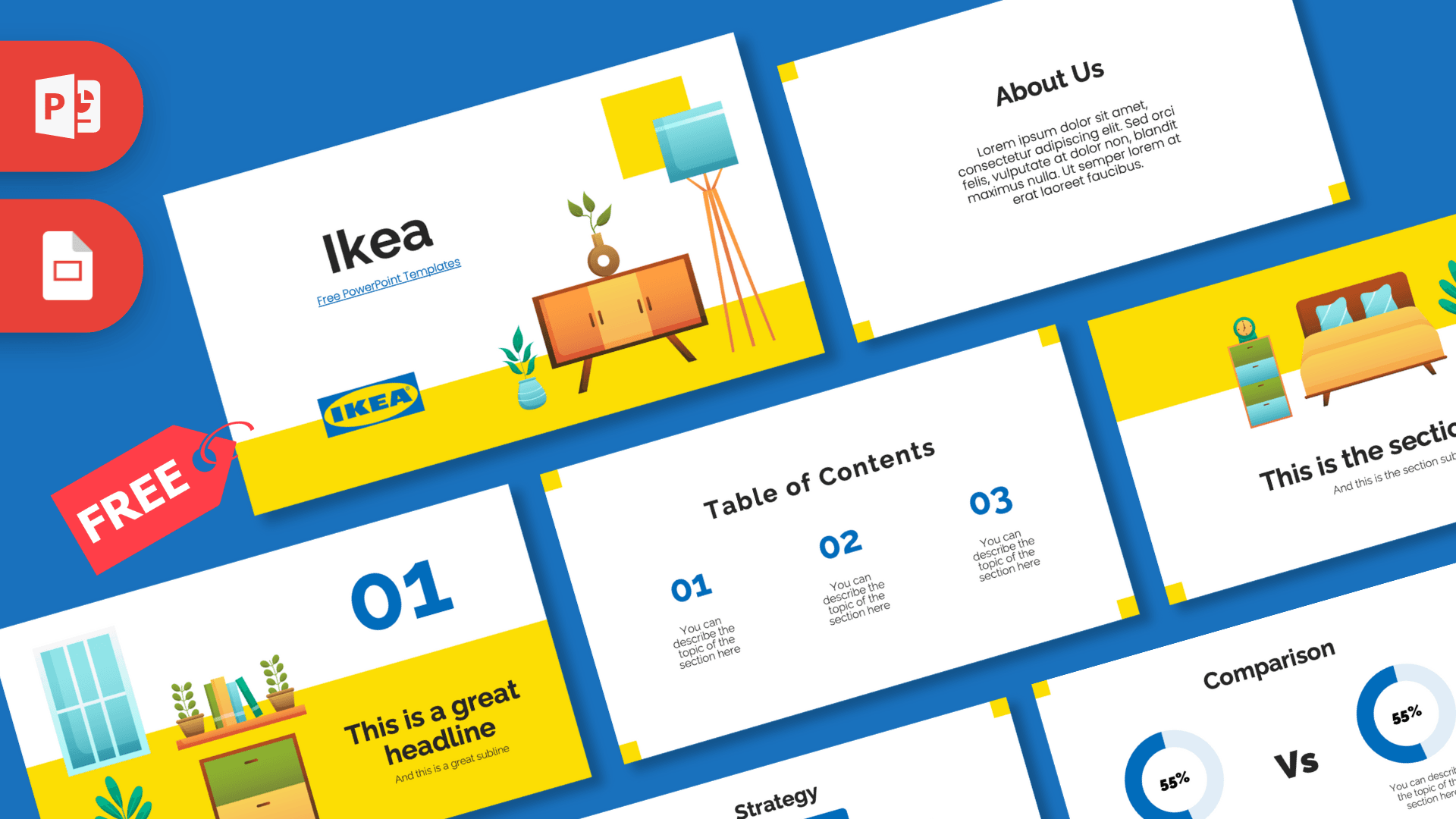 Ikea PowerPoint Template cover slide with blue and yellow design featuring furniture illustrations
