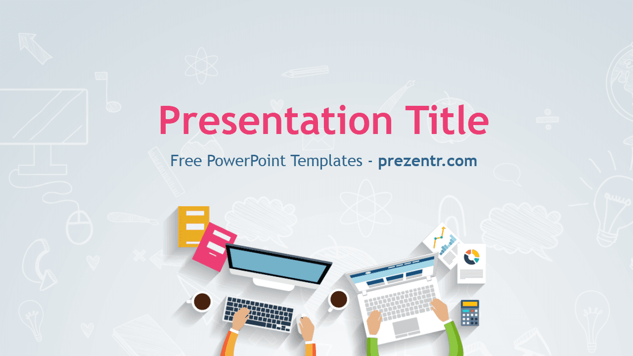 IT PowerPoint Template cover slide with pink title text, workspace illustration, and light blue background