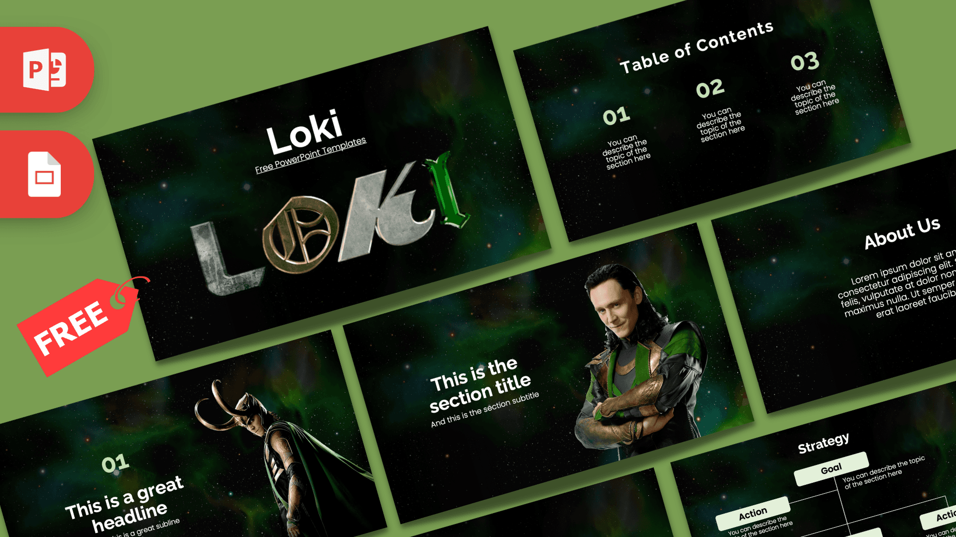 Loki PowerPoint template cover slide featuring green cosmic background and character imagery