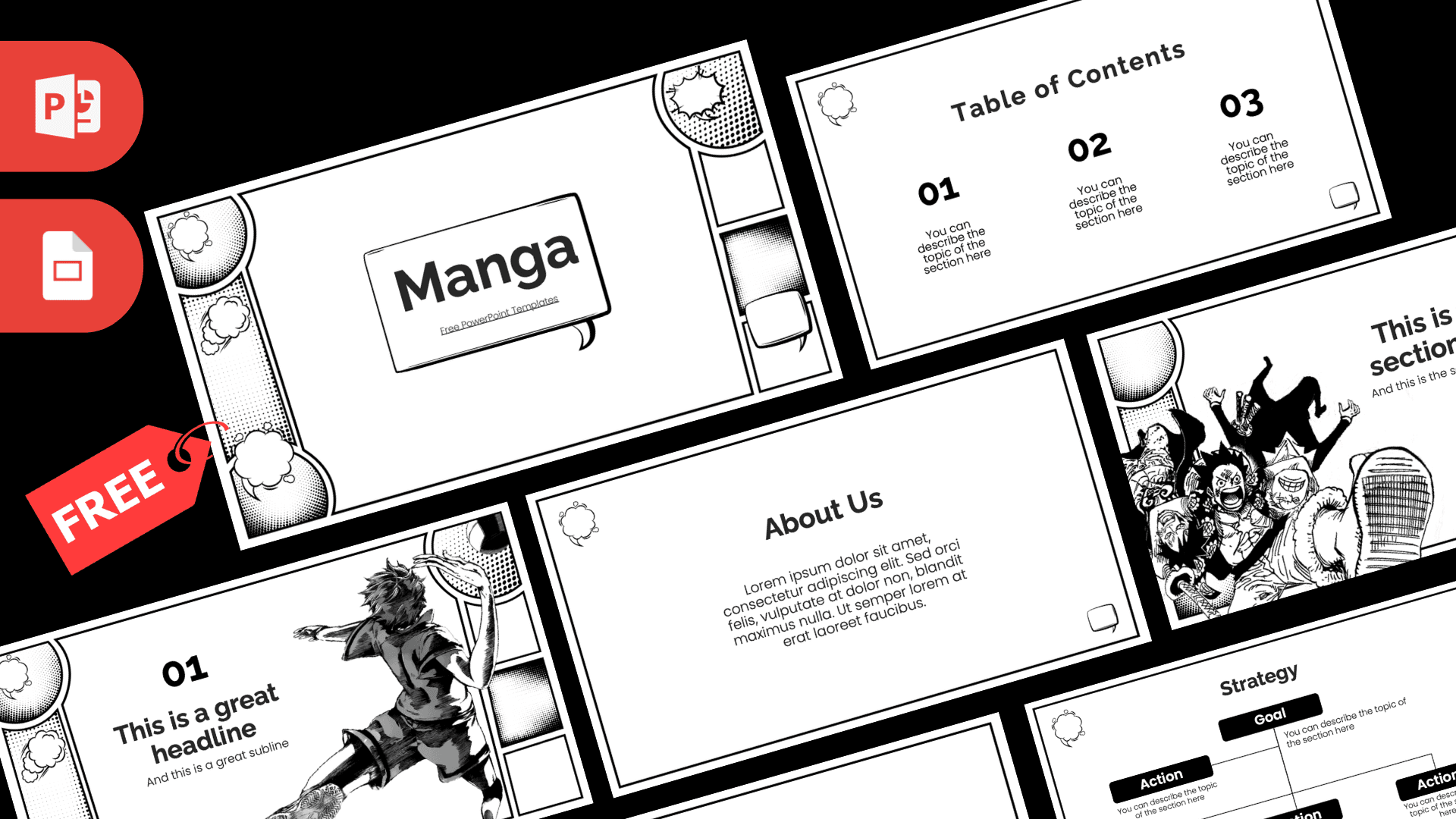 Manga PowerPoint Template cover slide with black and white manga artwork and speech bubbles