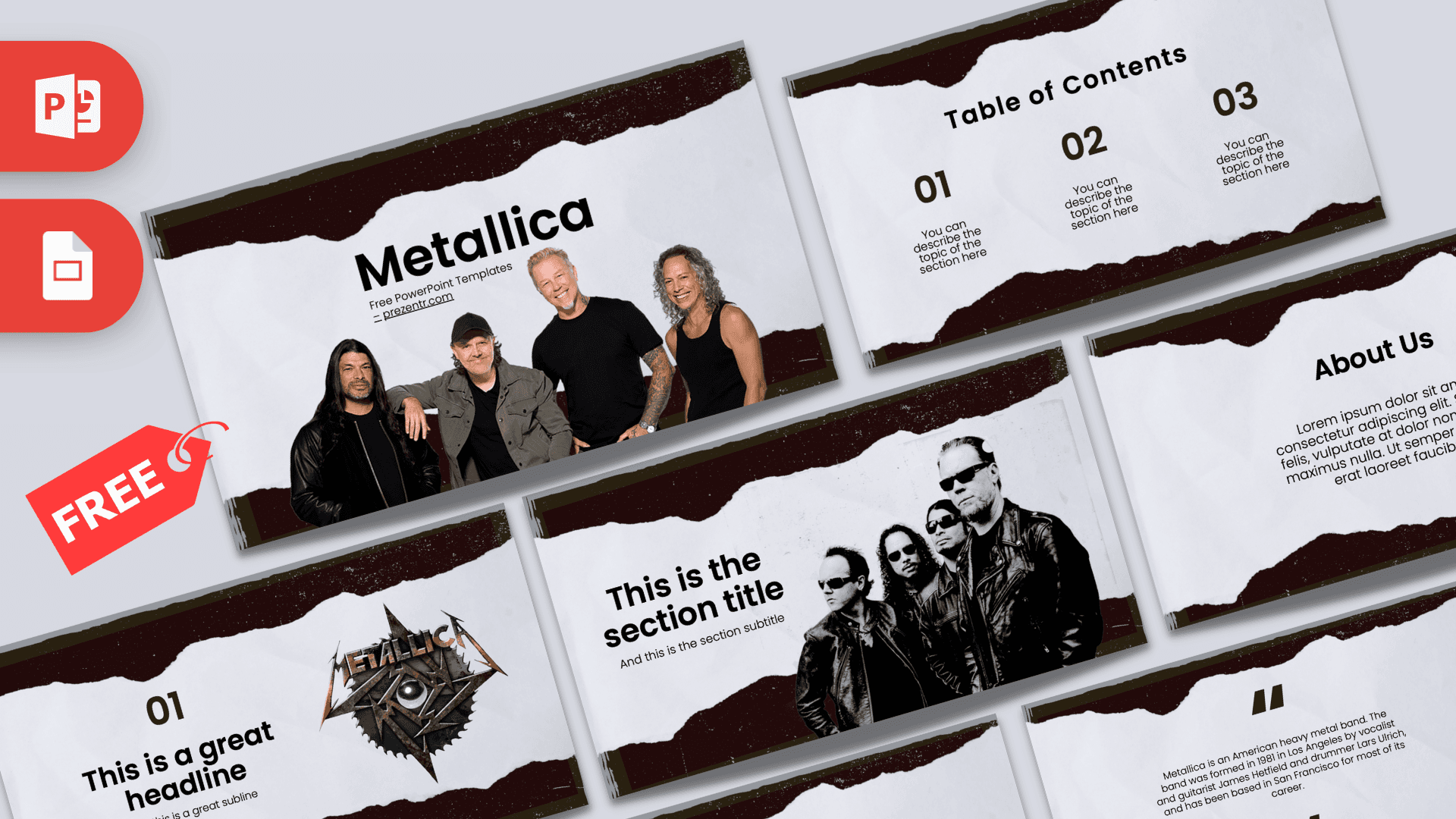 Metallica PowerPoint template cover slide featuring band photo, dark brown torn paper design, and white background