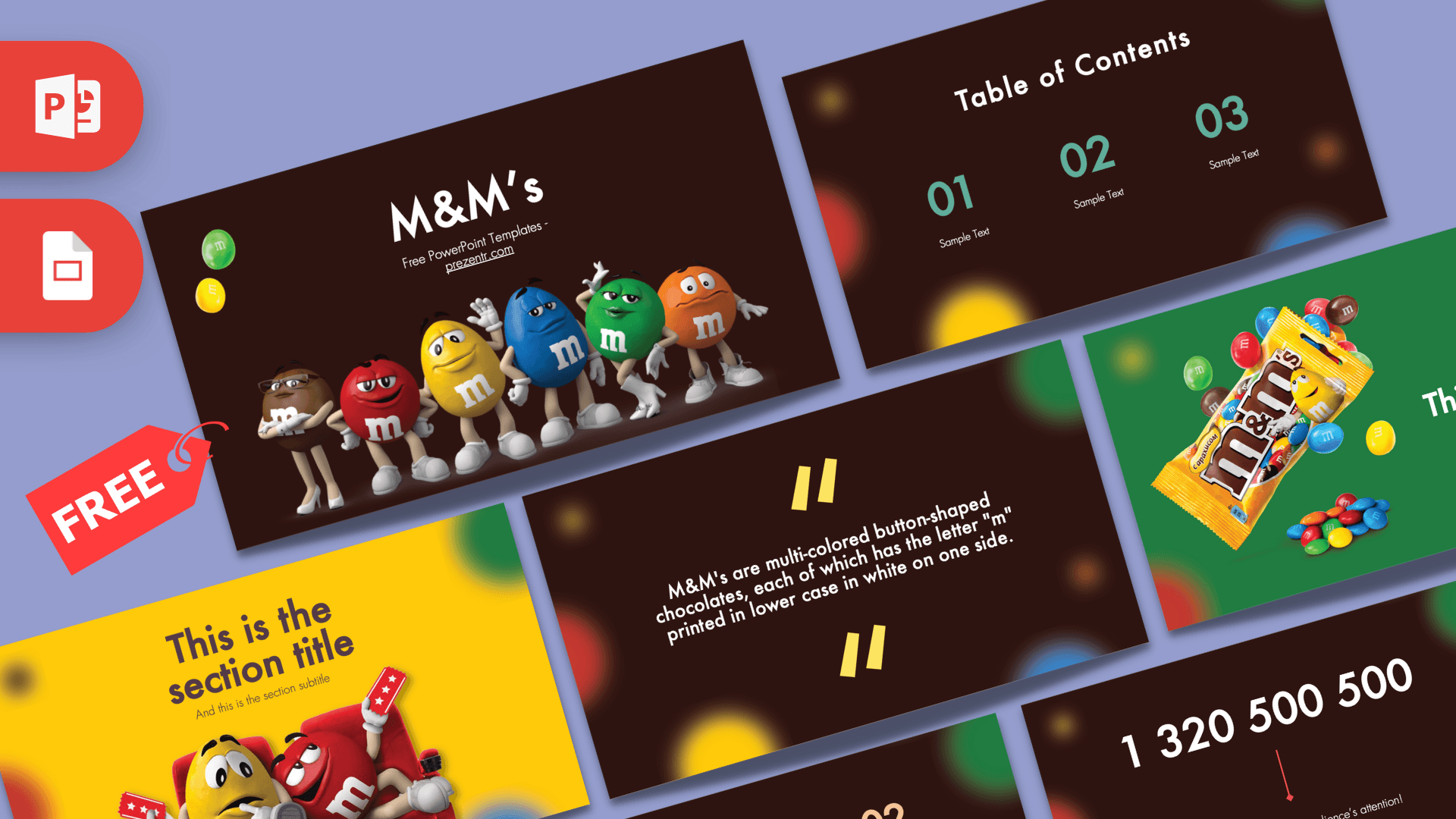 M&M's PowerPoint Template cover slide with colorful candy characters on dark brown background and yellow text