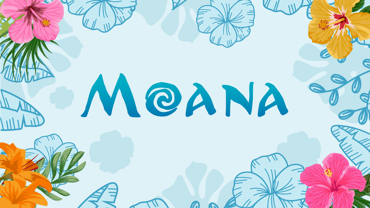 Moana PowerPoint template with tropical flowers and blue leaf designs on light blue background