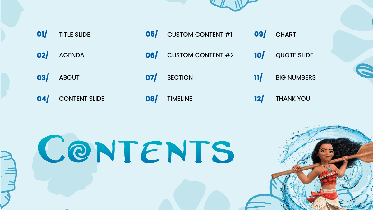 A structured layout listing the presentation’s contents, adorned with tropical flowers and a soft blue background.