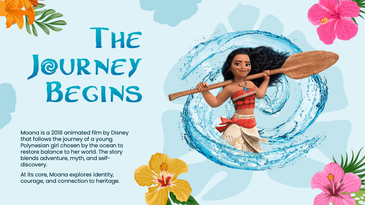 Moana PowerPoint Template slide featuring turquoise text, tropical flowers, and animated character with oar in water swirl